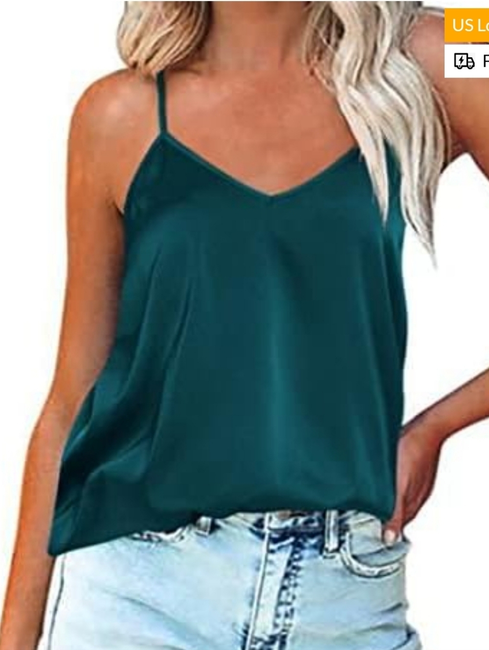 Women’s Teal Satin V-Neck Cami with Spaghetti Straps